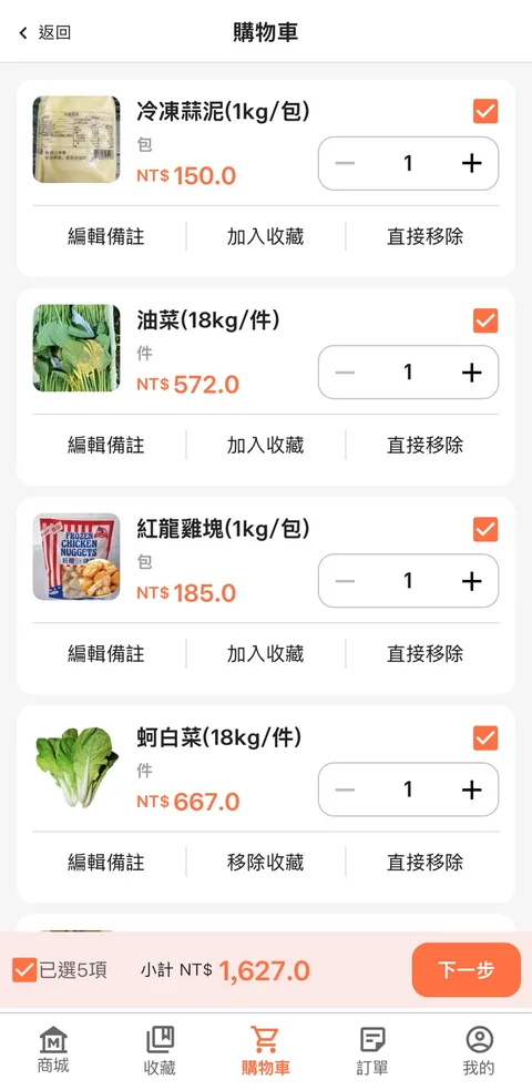 叫貨系統購物車畫面，可調整數量與編輯備註