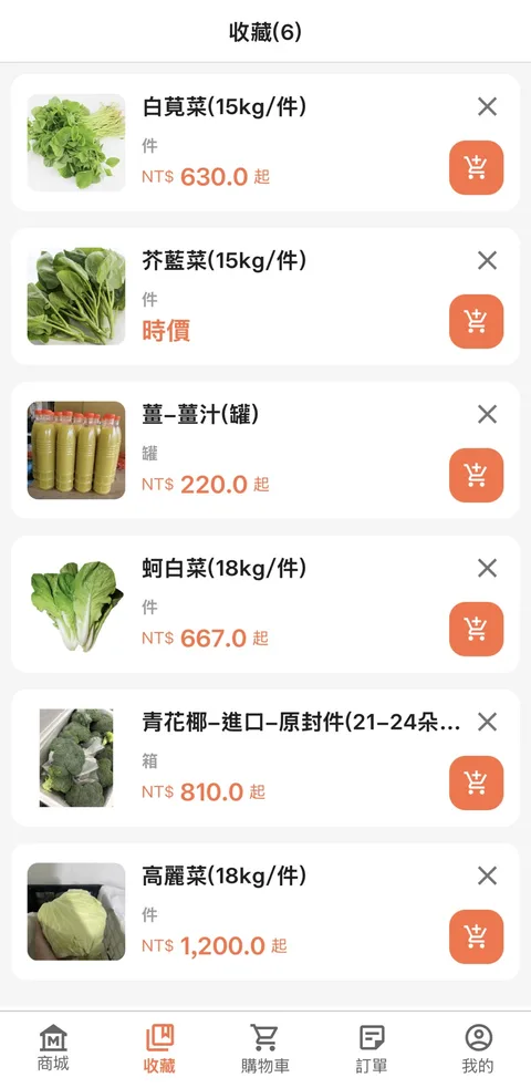 叫貨系統收藏畫面，常購品項清單